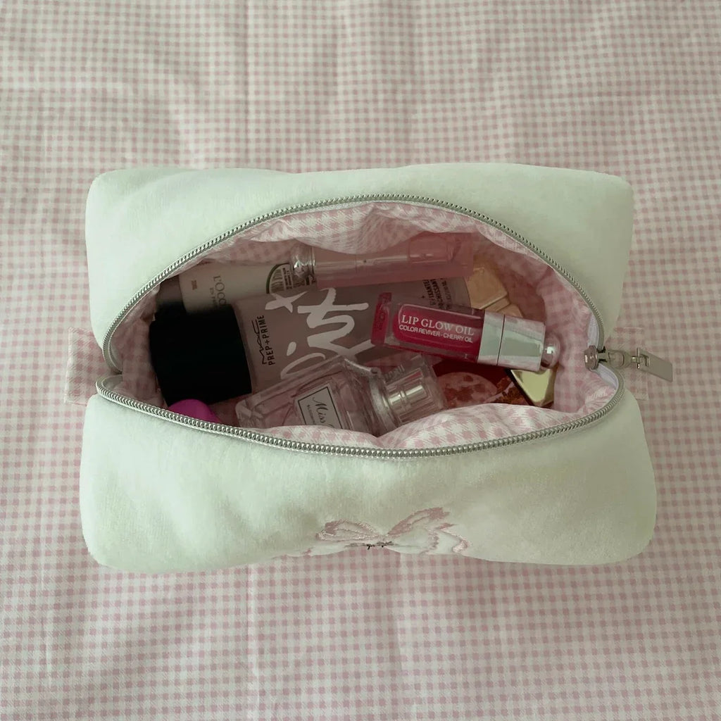 Teddy Bear with Bow Embroidered Cute Makeup Bag Coquette Pink Toiletry Cosmetic Bag Pink Towel Beauty Pouch