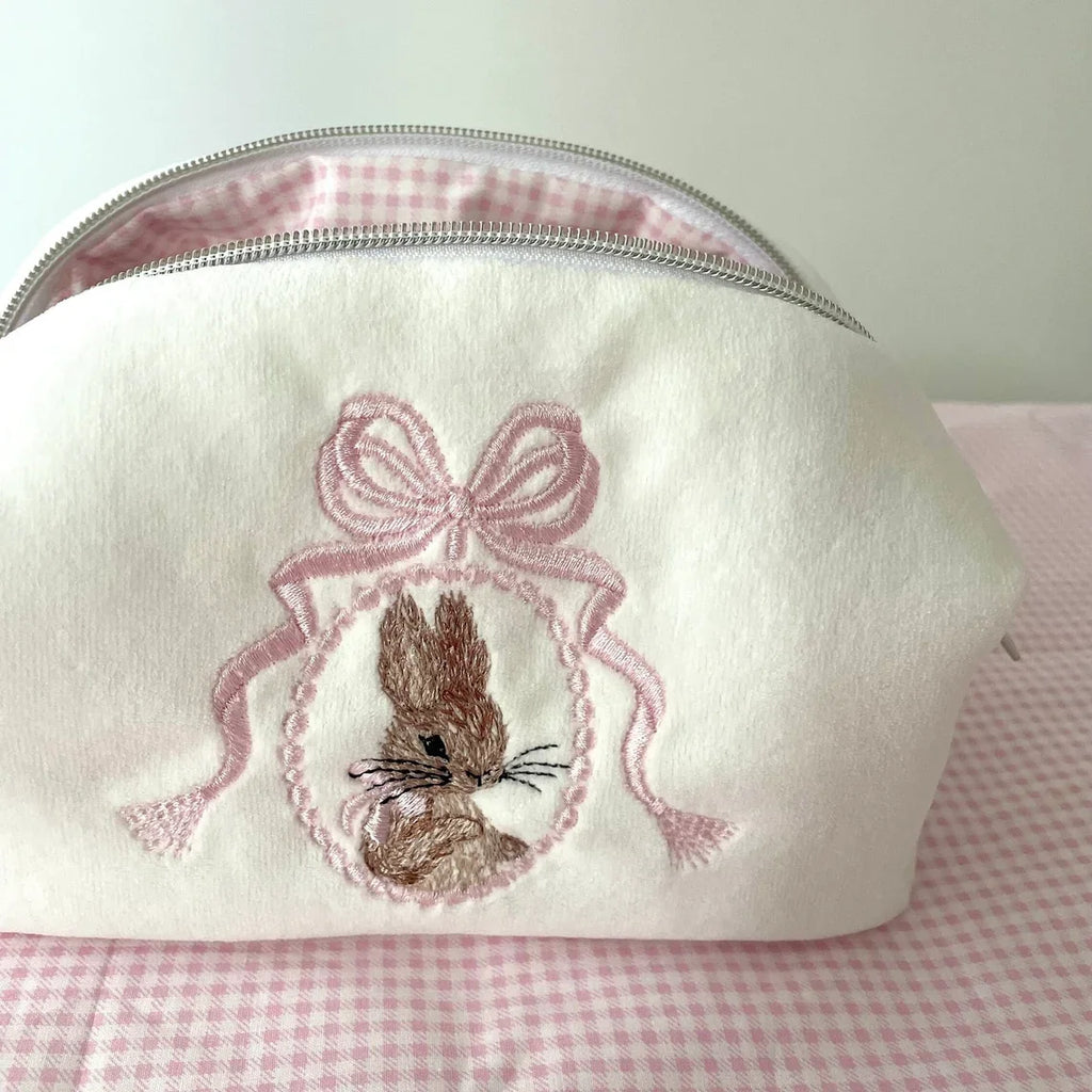 Teddy Bear with Bow Embroidered Cute Makeup Bag Coquette Pink Toiletry Cosmetic Bag Pink Towel Beauty Pouch