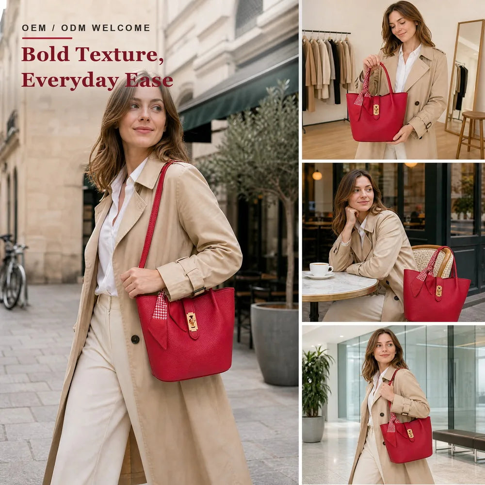 Toros Two Piece Red Pebbled PU Leather Bucket Bag Set with Scarf and Pouch for Women Custom logo Crossbody Bag Wholesale