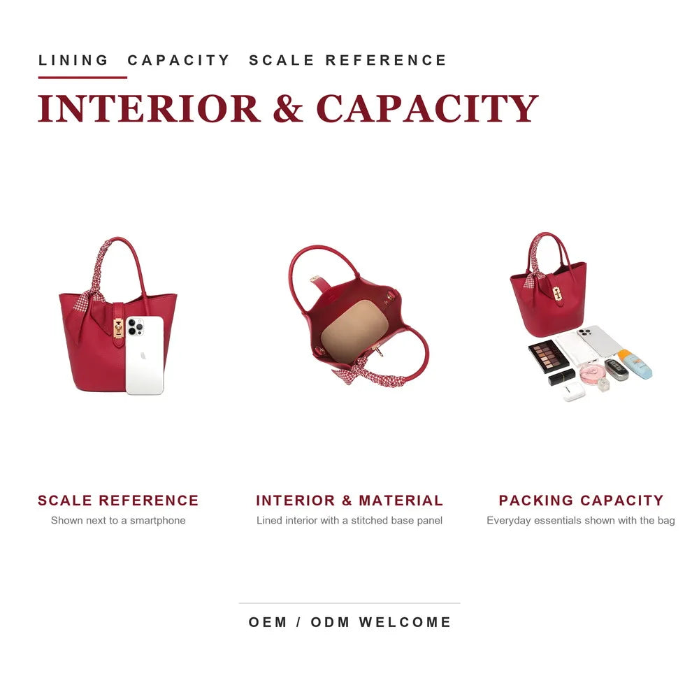 Toros Two Piece Red Pebbled PU Leather Bucket Bag Set with Scarf and Pouch for Women Custom logo Crossbody Bag Wholesale