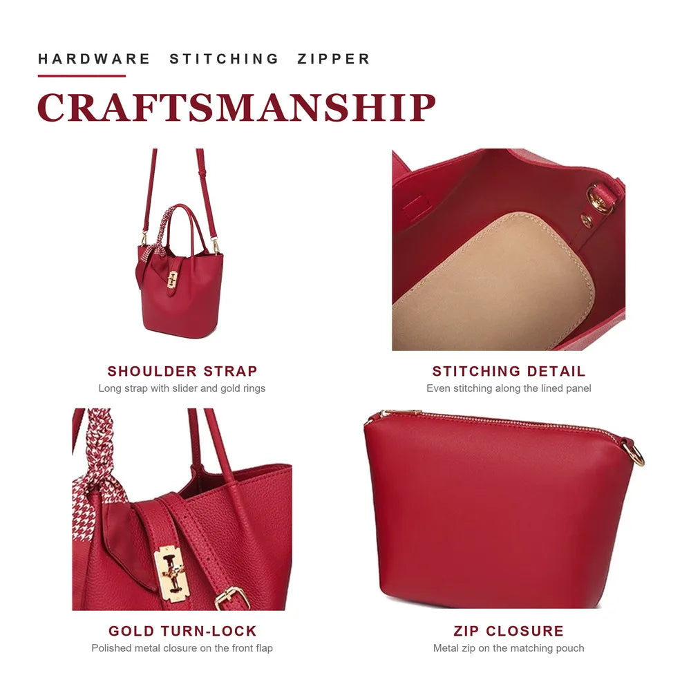 Toros Two Piece Red Pebbled PU Leather Bucket Bag Set with Scarf and Pouch for Women Custom logo Crossbody Bag Wholesale
