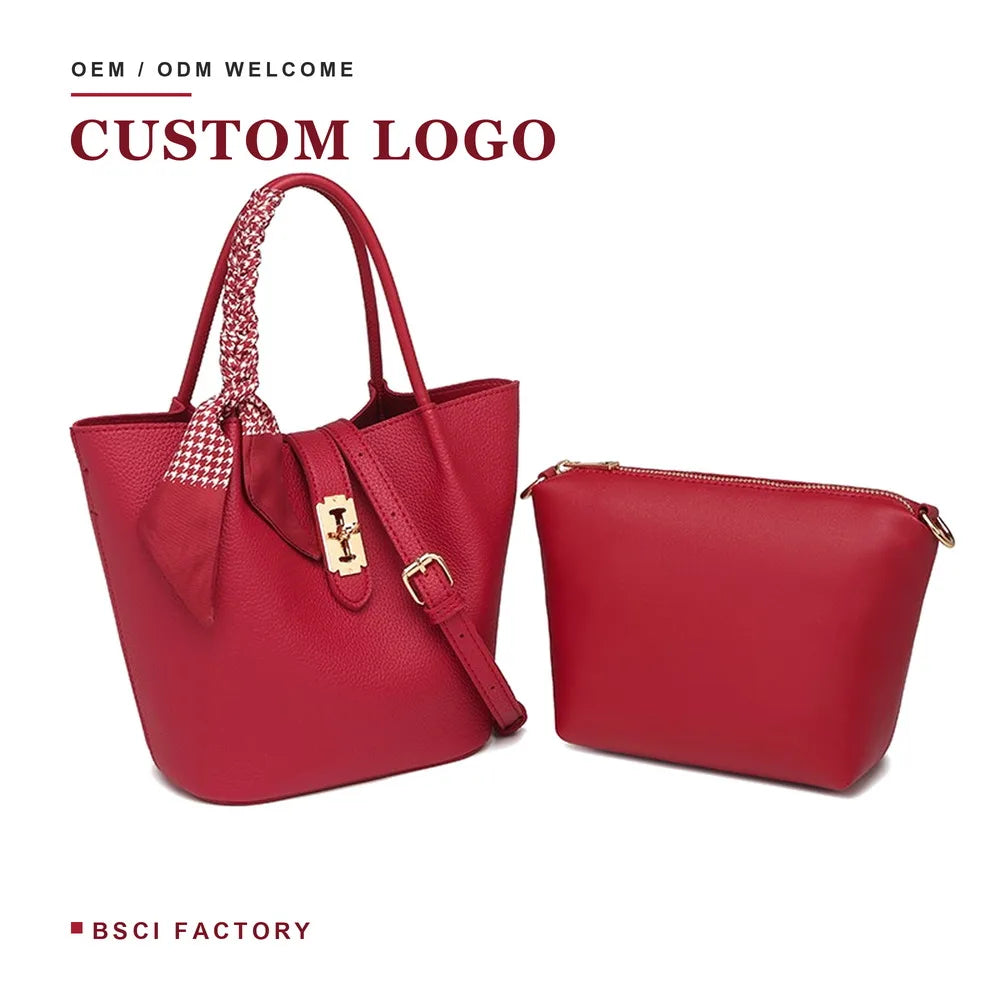 Toros Two Piece Red Pebbled PU Leather Bucket Bag Set with Scarf and Pouch for Women Custom logo Crossbody Bag Wholesale