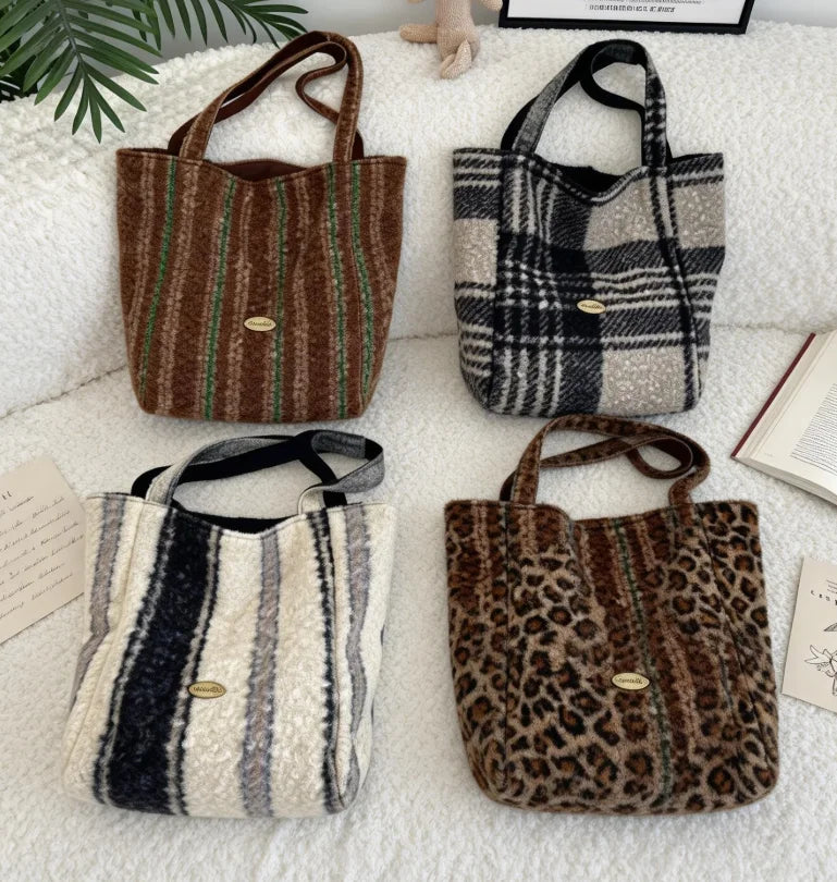 Tote Bag 2026 New Ins Style Winter 2025 Double-Sided Striped Two Straps Lazy Shoulder Large Capacity Shopping Trendy