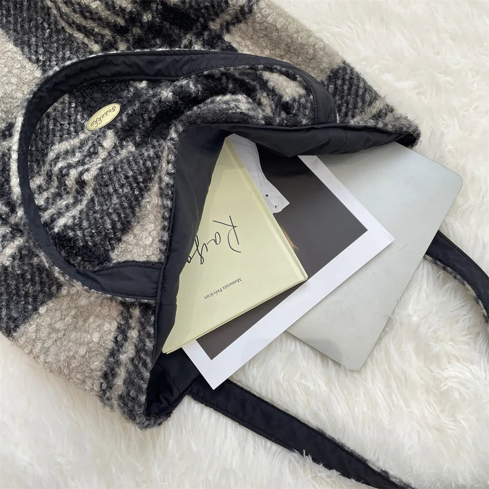 Tote Bag 2026 New Ins Style Winter 2025 Double-Sided Striped Two Straps Lazy Shoulder Large Capacity Shopping Trendy