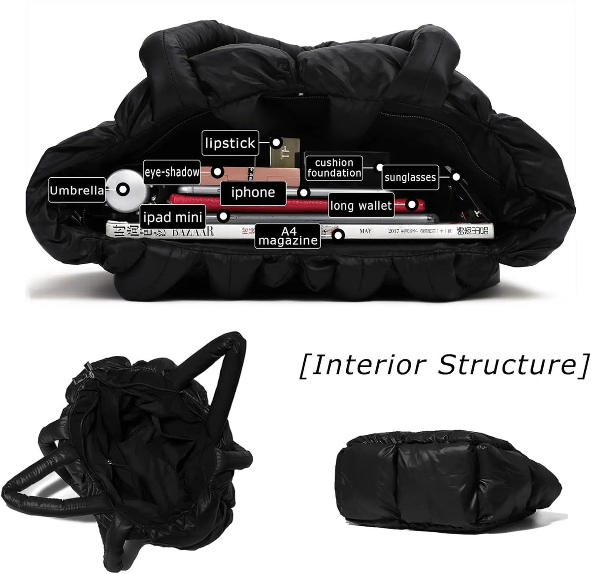 Tote Bag Cross-border Women's Large Quilted Puffer Down Tote Bag Puffer Shoulder Bag Pillow Shopping Bag
