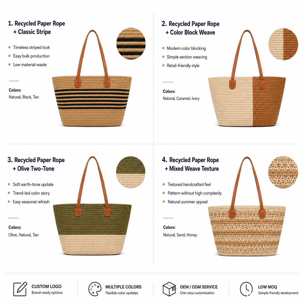 Tote Bag Custom Logo Natural Woven Striped Paper Rope Ladies Beach Handbag OEM ODM Wholesale Eco-Friendly