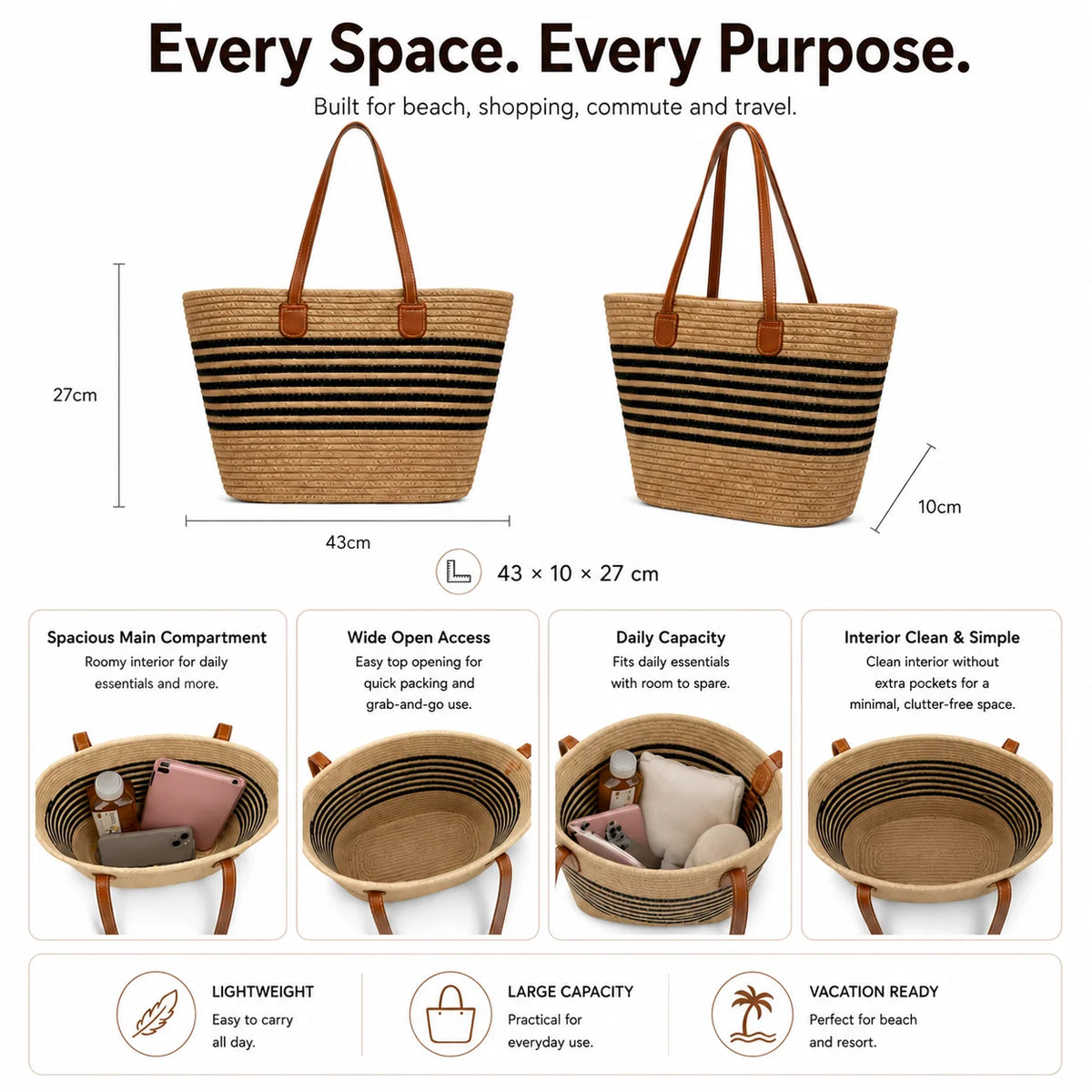 Tote Bag Custom Logo Natural Woven Striped Paper Rope Ladies Beach Handbag OEM ODM Wholesale Eco-Friendly