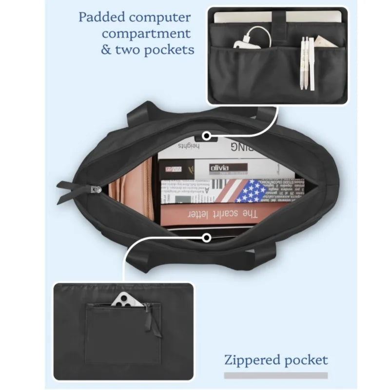 Tote Bag Large Nylon Zipper Women's Handbag Weekend Travel with Laptop Compartment Polyester Lining Autumn Chain Strap