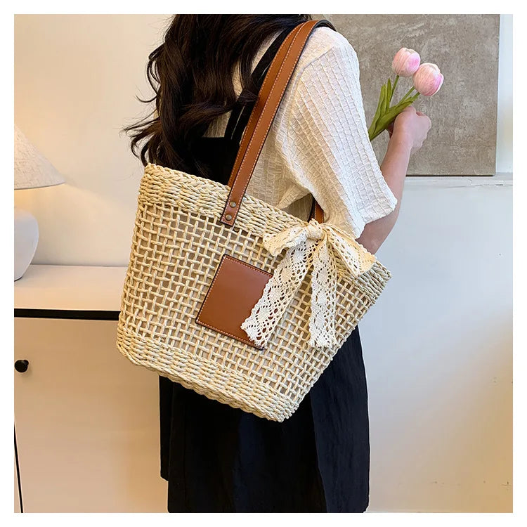 Tote Bag New Large Capacity Woven Vegetable Basket Two Shoulder Strap Open Closure Straw Bag Girls' Seaside Leisure