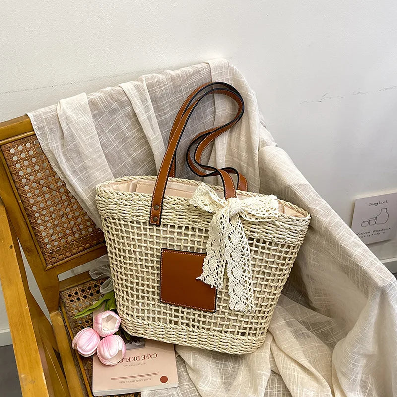 Tote Bag New Large Capacity Woven Vegetable Basket Two Shoulder Strap Open Closure Straw Bag Girls' Seaside Leisure