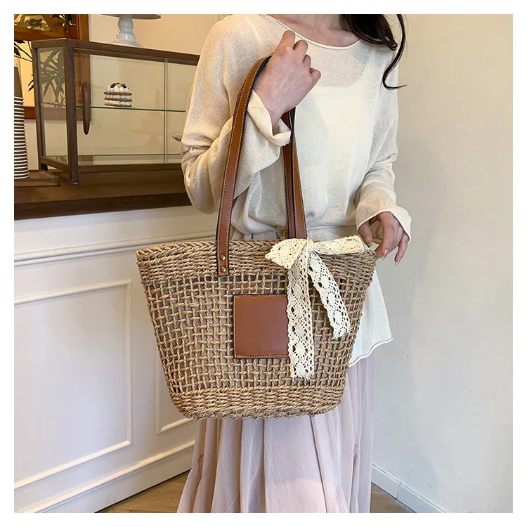 Tote Bag New Large Capacity Woven Vegetable Basket Two Shoulder Strap Open Closure Straw Bag Girls' Seaside Leisure