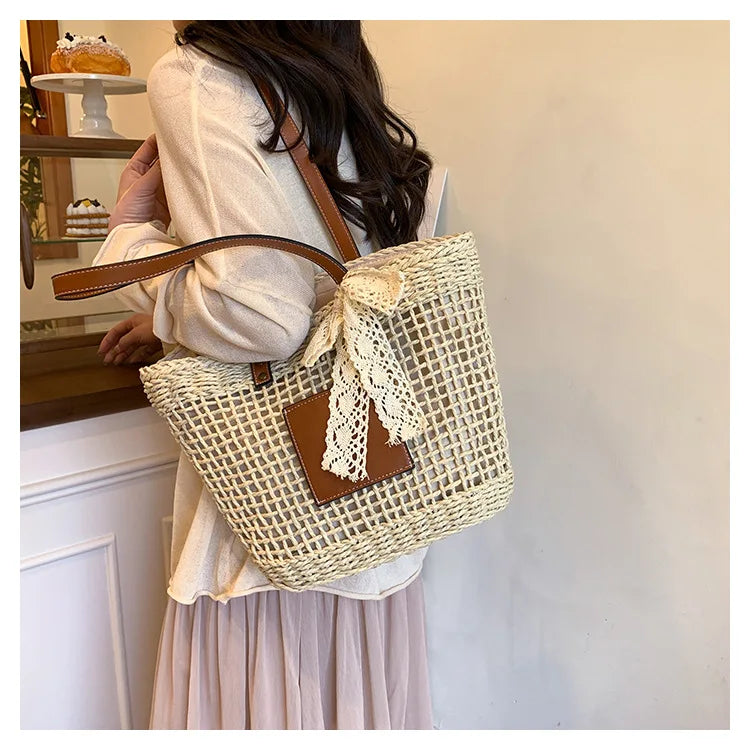 Tote Bag New Large Capacity Woven Vegetable Basket Two Shoulder Strap Open Closure Straw Bag Girls' Seaside Leisure