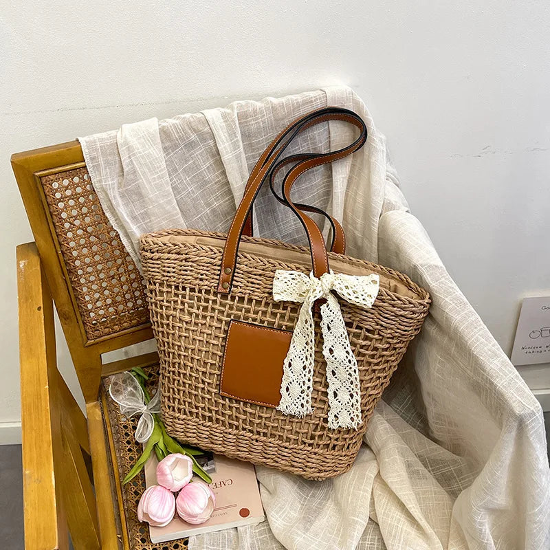 Tote Bag New Large Capacity Woven Vegetable Basket Two Shoulder Strap Open Closure Straw Bag Girls' Seaside Leisure