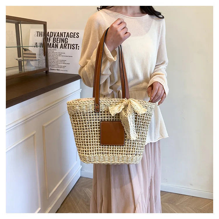 Tote Bag New Large Capacity Woven Vegetable Basket Two Shoulder Strap Open Closure Straw Bag Girls' Seaside Leisure