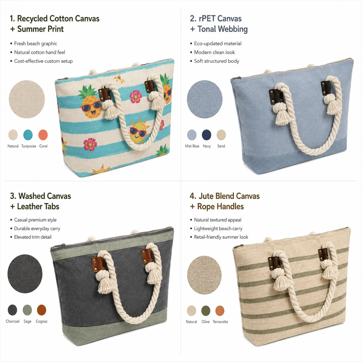 Tote Bag, OEM Custom Canvas Beach Tropical Summer Print, Rope Handles, Large Capacity Vacation Bag, Wholesale Custom Logo