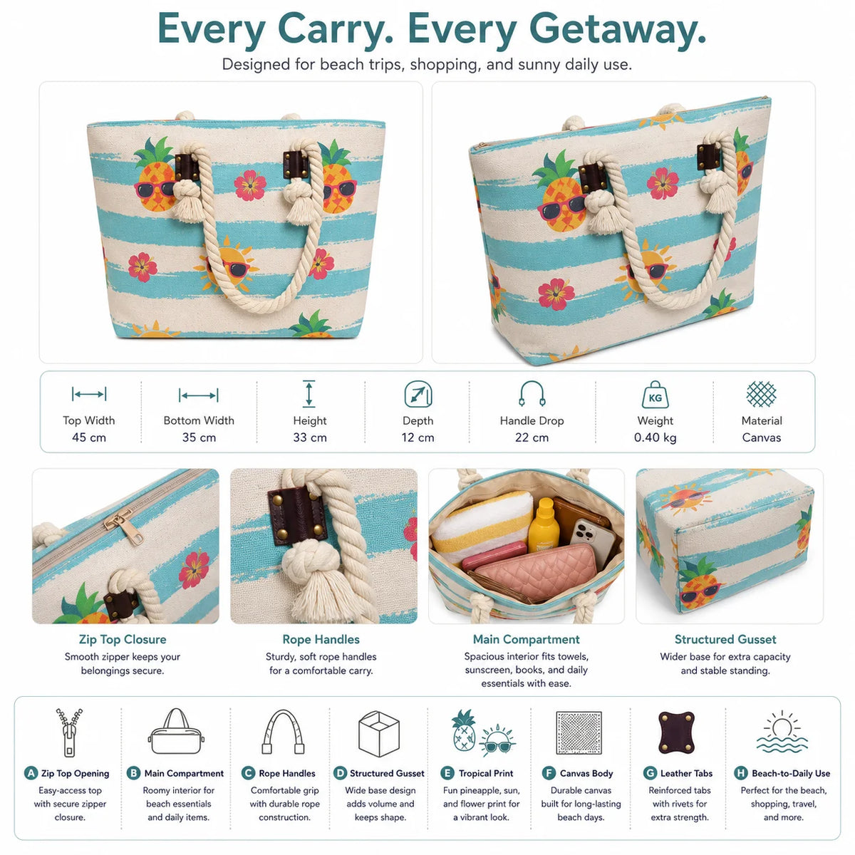 Tote Bag, OEM Custom Canvas Beach Tropical Summer Print, Rope Handles, Large Capacity Vacation Bag, Wholesale Custom Logo