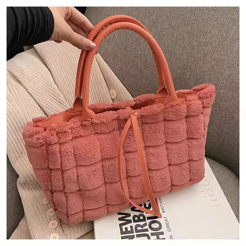 Tote Zip Winter Vintage Lady Faux Fur Handbags with Two Handles Closure Polyester Lining Stylish Candy Patterned Purses