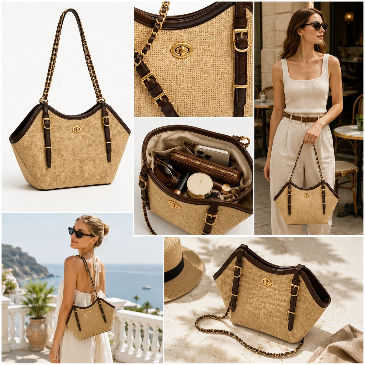 Vacation Style Jute Straw Tote Bag, Gold Chain Leather Strap Handbag, Multi-Color Brand Customization OEM/ODM