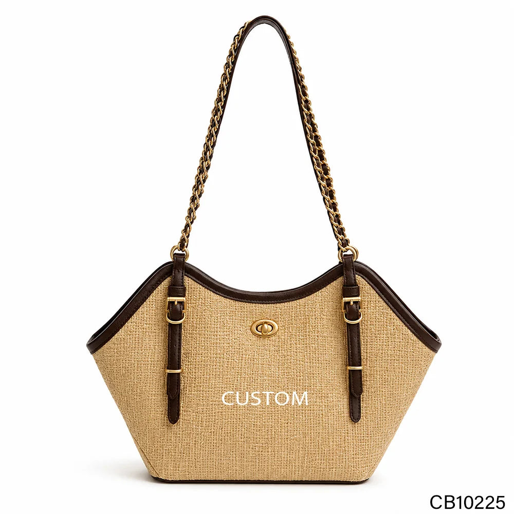 Vacation Style Jute Straw Tote Bag, Gold Chain Leather Strap Handbag, Multi-Color Brand Customization OEM/ODM