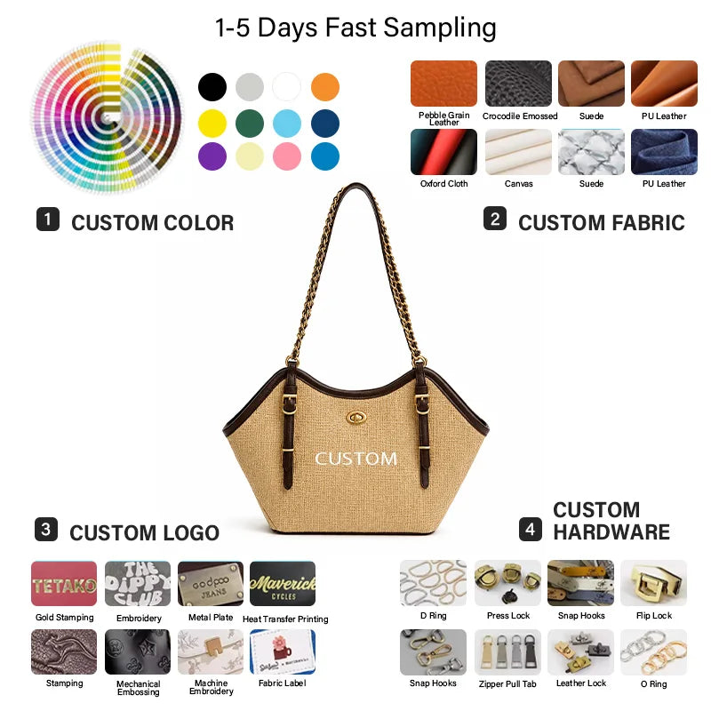 Vacation Style Jute Straw Tote Bag, Gold Chain Leather Strap Handbag, Multi-Color Brand Customization OEM/ODM