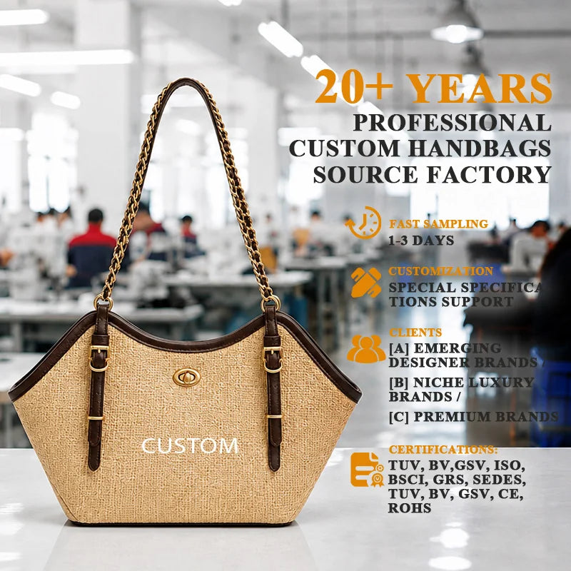 Vacation Style Jute Straw Tote Bag, Gold Chain Leather Strap Handbag, Multi-Color Brand Customization OEM/ODM