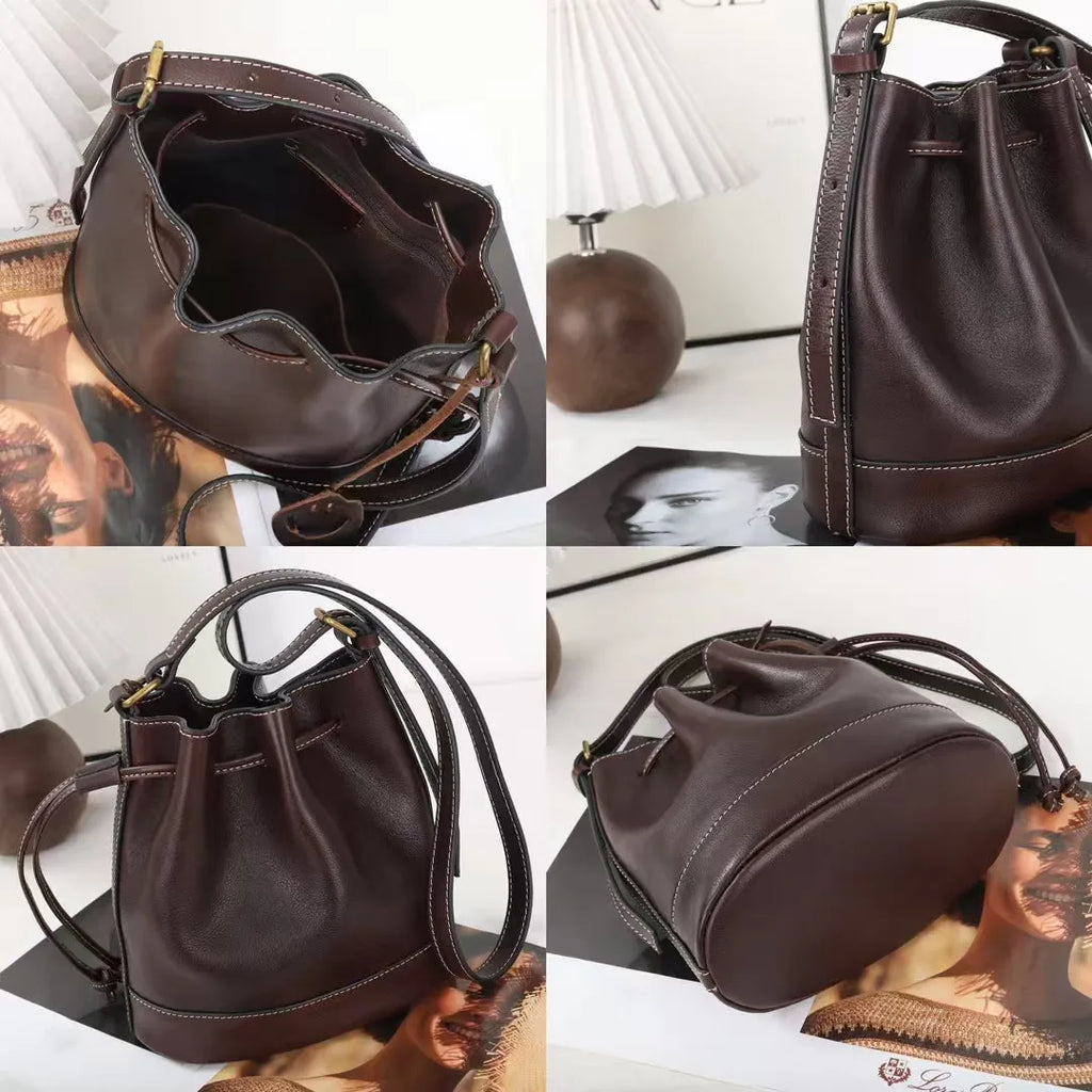 Vegetable Tanned Cowhide Bucket Bag for Women with Drawstring Closure Genuine Leather Women's Shoulder Bag Crossbody Bags