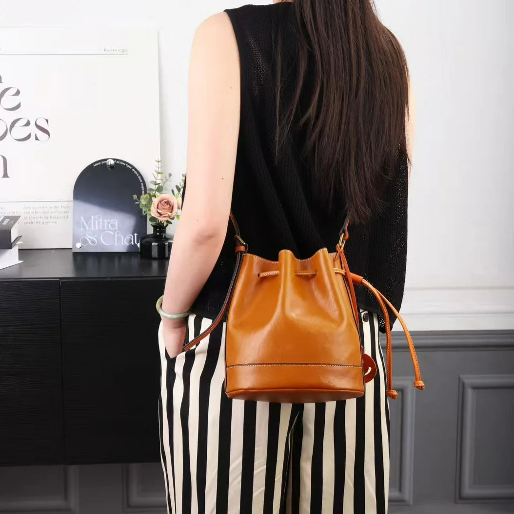 Vegetable Tanned Cowhide Bucket Bag for Women with Drawstring Closure Genuine Leather Women's Shoulder Bag Crossbody Bags