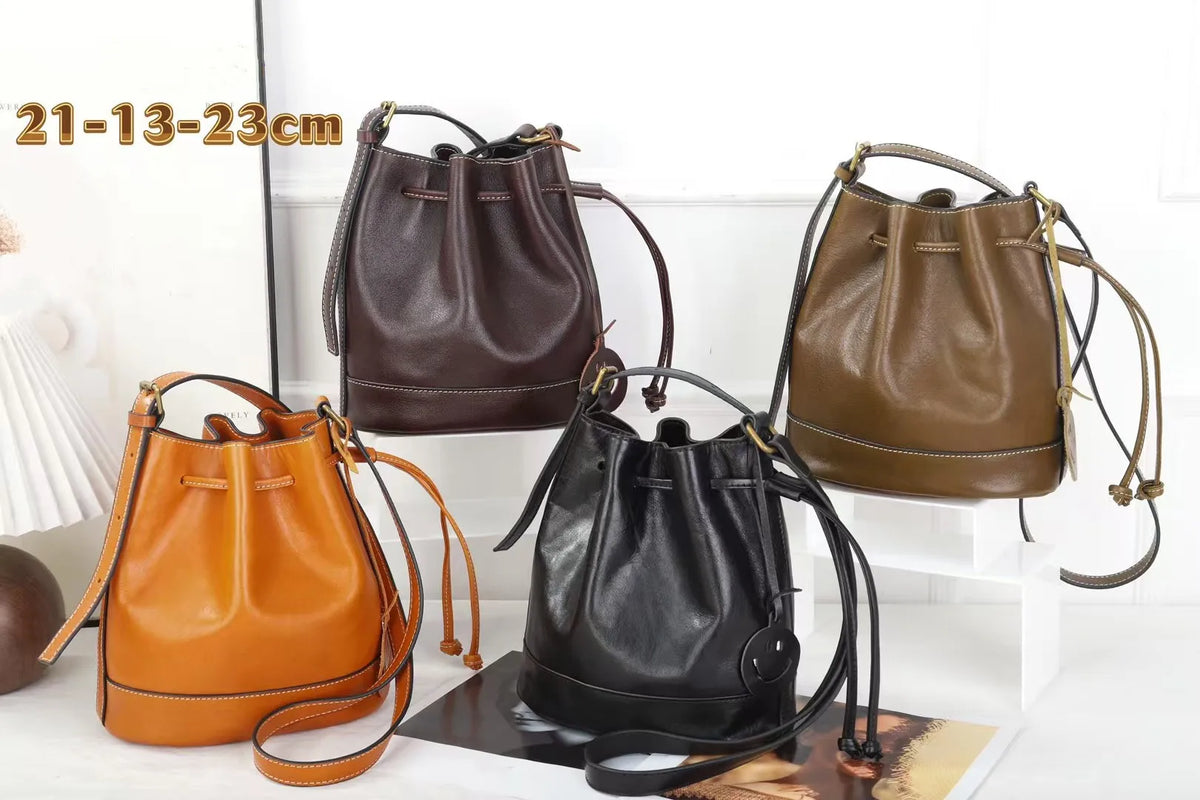 Vegetable Tanned Cowhide Bucket Bag for Women with Drawstring Closure Genuine Leather Women's Shoulder Bag Crossbody Bags