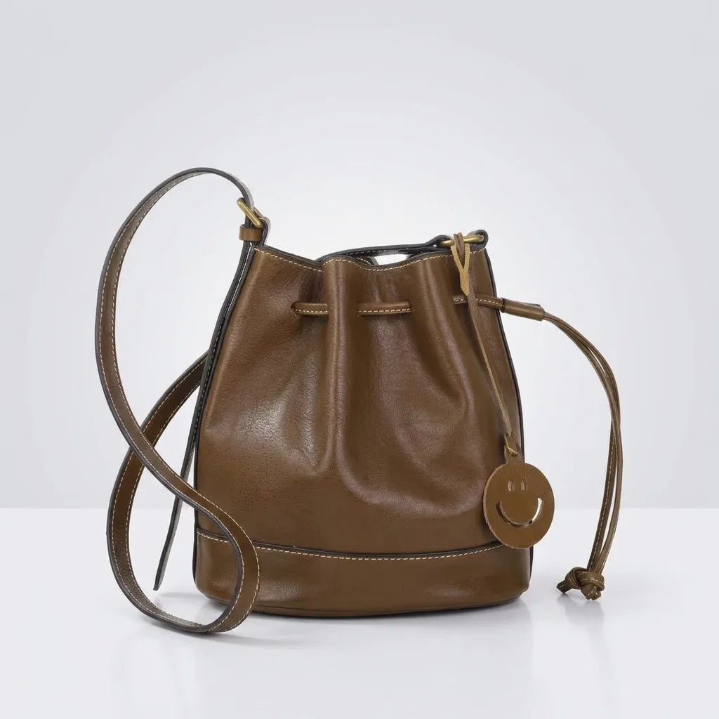 Vegetable Tanned Cowhide Bucket Bag for Women with Drawstring Closure Genuine Leather Women's Shoulder Bag Crossbody Bags