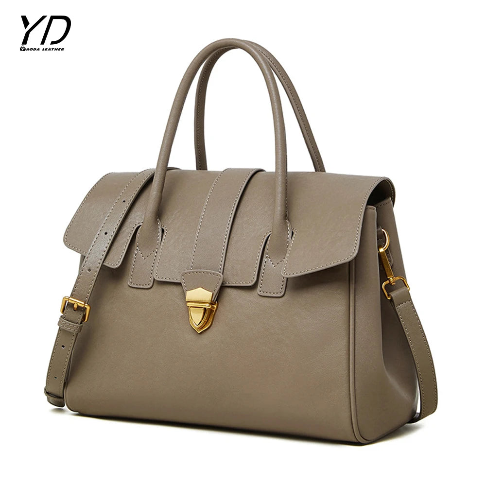 Vegetable Tanned Cowhide Handbag Briefcase Vintage Style Genuine Leather Handbag for Women