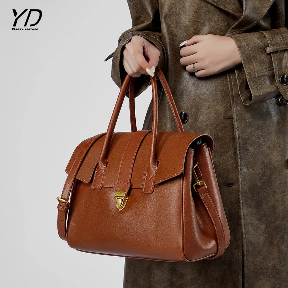 Vegetable Tanned Cowhide Handbag Briefcase Vintage Style Genuine Leather Handbag for Women