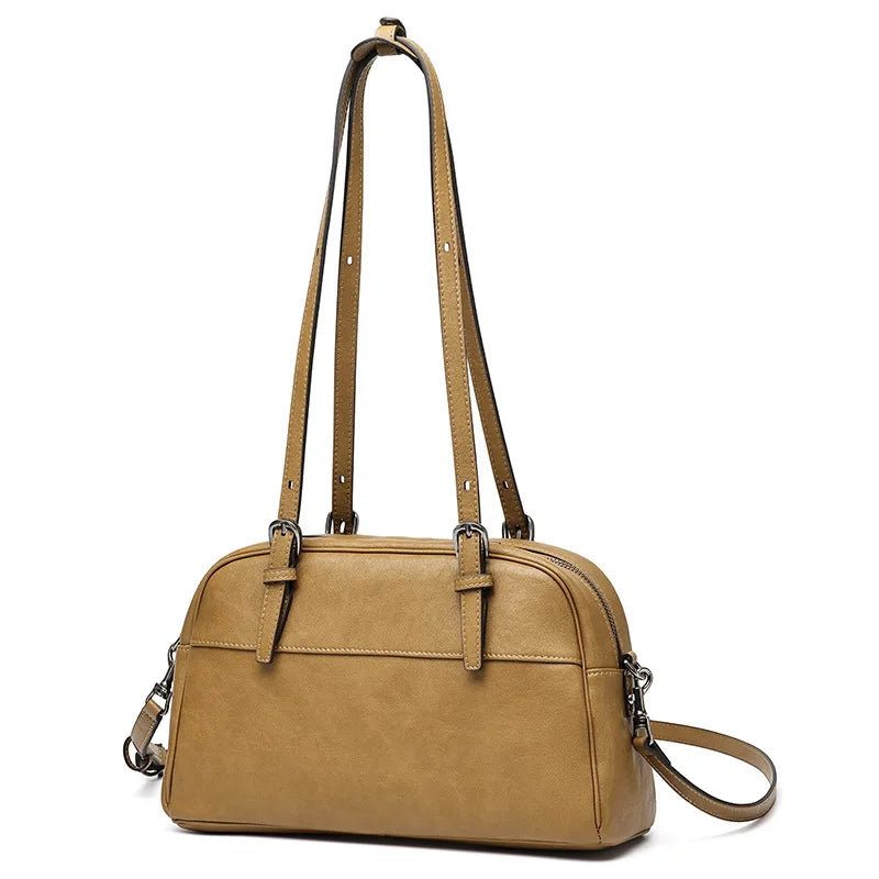 Vegetable Tanned Cowhide Women's Handbags Boston Bags Retro Style Genuine Leather Ladies Shoulder Bags Underarm Bags