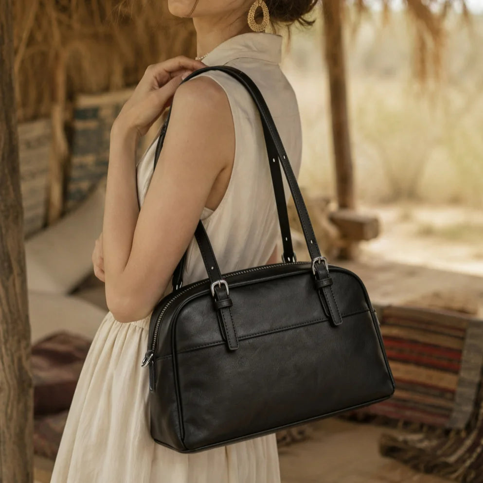 Vegetable Tanned Cowhide Women's Handbags Boston Bags Retro Style Genuine Leather Ladies Shoulder Bags Underarm Bags