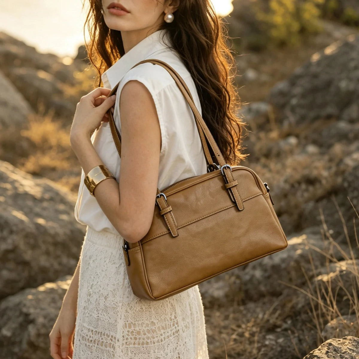 Vegetable Tanned Cowhide Women's Handbags Boston Bags Retro Style Genuine Leather Ladies Shoulder Bags Underarm Bags