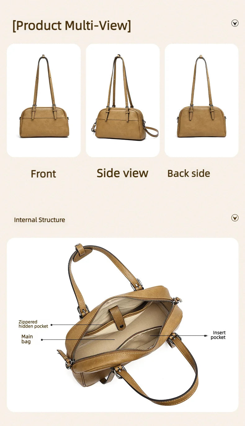 Vegetable Tanned Cowhide Women's Handbags Boston Bags Retro Style Genuine Leather Ladies Shoulder Bags Underarm Bags