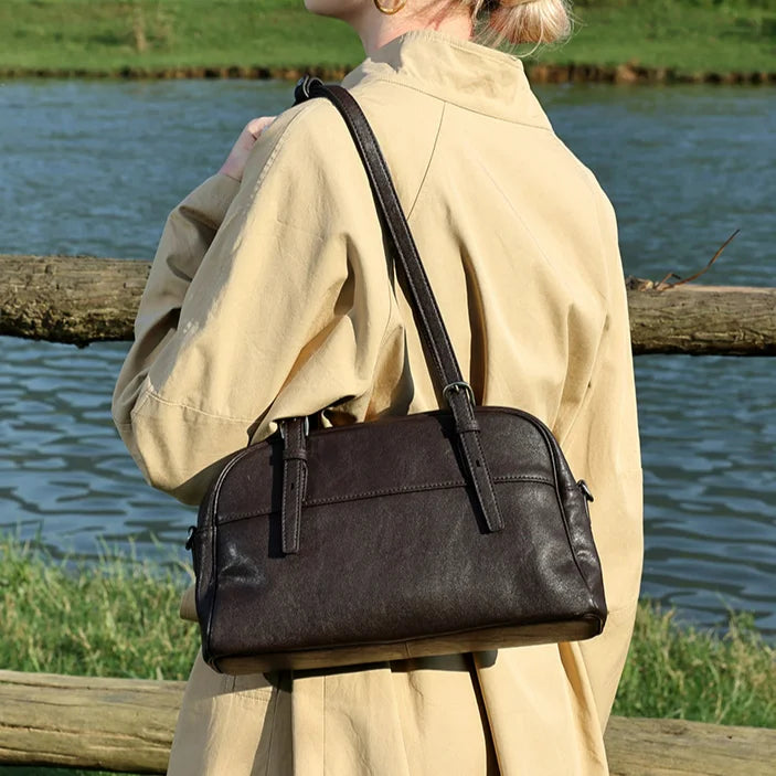 Vegetable Tanned Cowhide Women's Handbags Boston Bags Retro Style Genuine Leather Ladies Shoulder Bags Underarm Bags