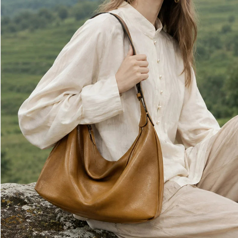 Vegetable Tanned Cowhide Women's Shoulder Bags Underarm Bags Casual Hobo Bags Crossbody Bags Popular Genuine Leather Women Bags