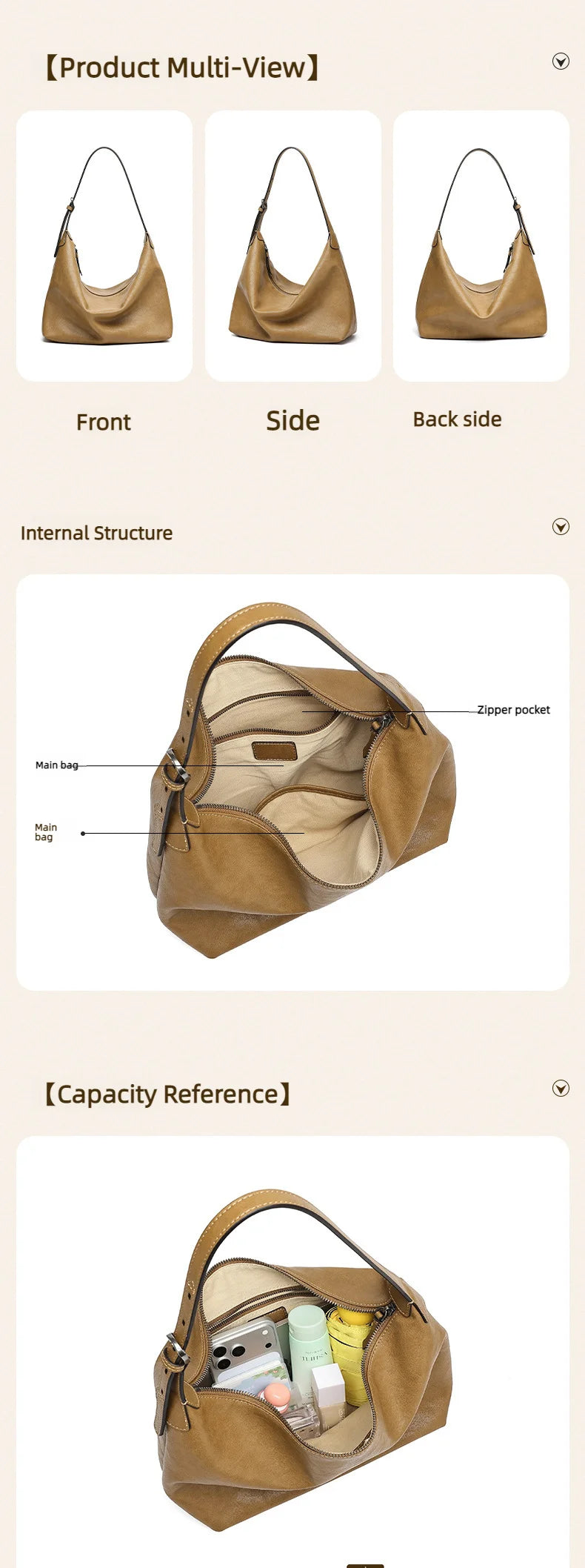 Vegetable Tanned Cowhide Women's Shoulder Bags Underarm Bags Casual Hobo Bags Crossbody Bags Popular Genuine Leather Women Bags