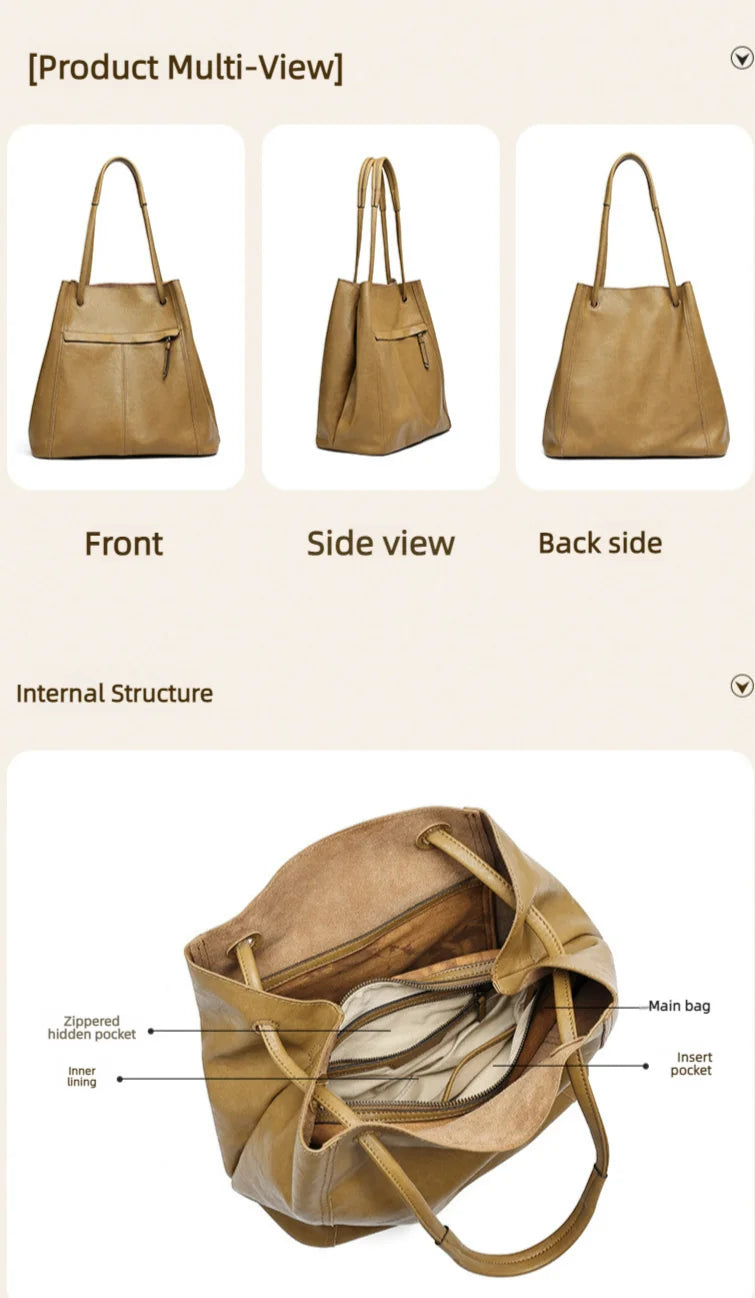 Vegetable Tanned Cowhide Women's Shoulder Bags Large Capacity Tote Bags Hot Sale of Genuine Leather Bags for Women