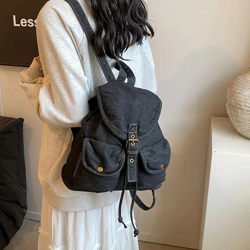 Vintage Korean Denim Backpack Preppy College Bag Zipper Closure Casual Portable Women Teenagers Students Polyester Lining 36-55L