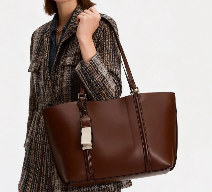 Vintage Series Large Capacity Two Zipper PU Vegan Tote Bag Women Work Handbag Custom Logo OEM ODM Private Label Low MOQ
