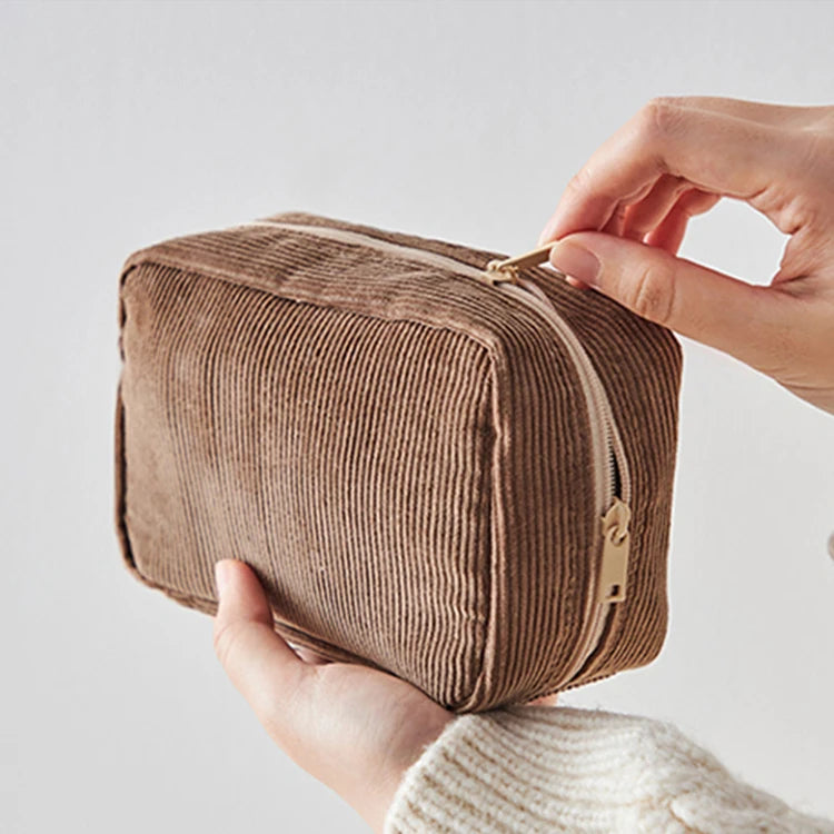 Wash Travel Bag Mini Women Corduroy Cloth Cosmetic Bag Zipper Make up Bags Travel Washing Makeup Organizer Beauty Case Beige