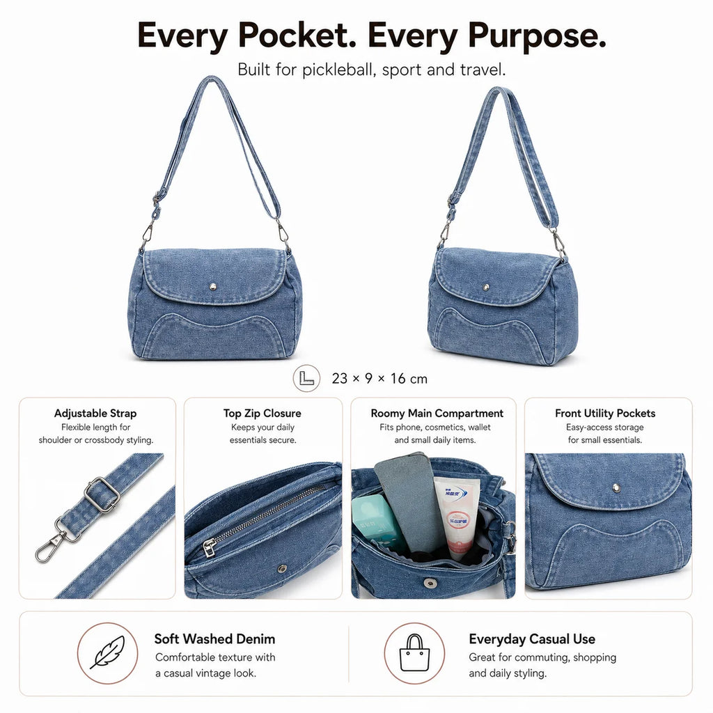 Washed Denim Crossbody Bag, Adjustable Strap, Front Utility Pockets, Multi-Color Custom Logo, OEM/ODM Wholesale