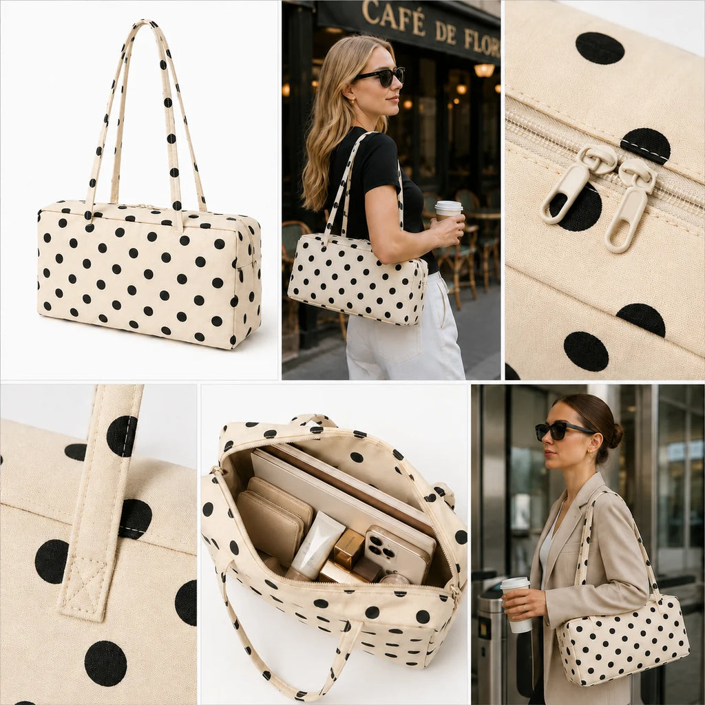 Water-resistant Nylon Polka Dot Shoulder Tote Bag Retro Soft Underarm East-West Handbag Private Label Verified Factory Maker