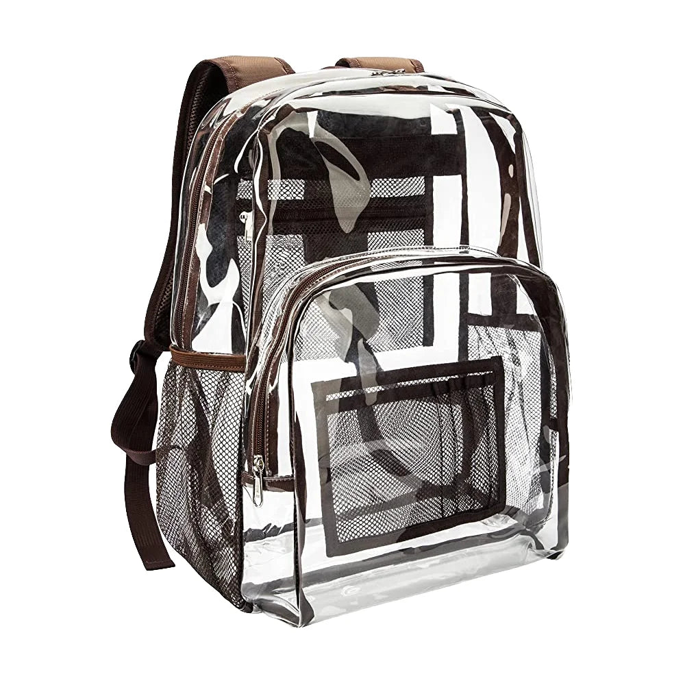 Waterproof Clear PVC Backpack with Zipper Closure and Curved Shoulder Straps for School Large Bookbag with Accessories