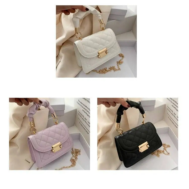White Quilted PU Women Handbag Chain Crossbody Shoulder Bag Zipper Lock Phone Compatible for Travel
