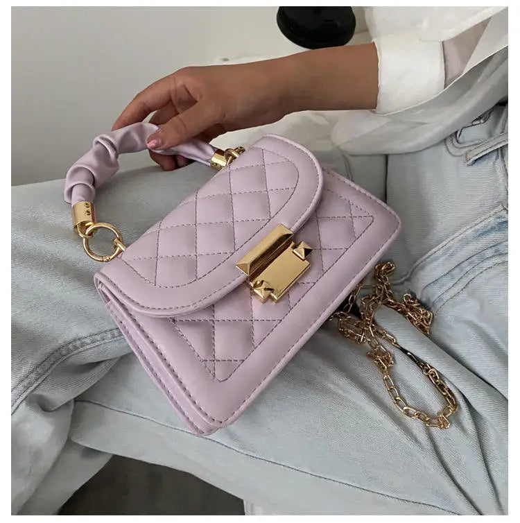 White Quilted PU Women Handbag Chain Crossbody Shoulder Bag Zipper Lock Phone Compatible for Travel