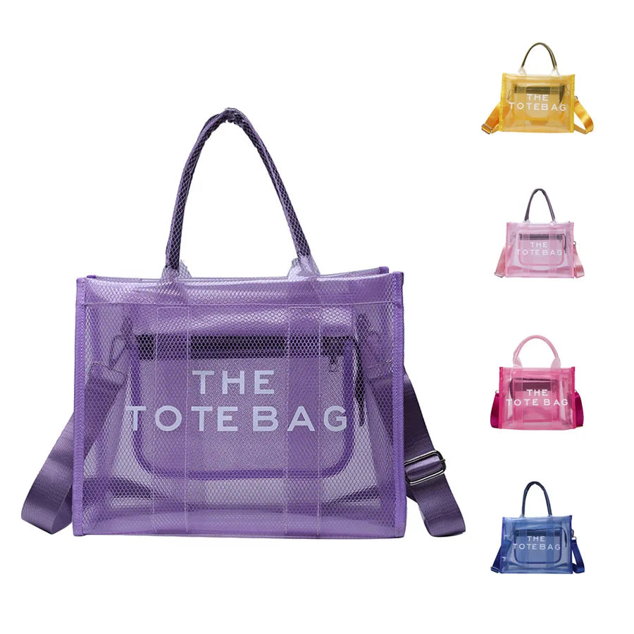 Wholesale Candy Color Pvc Waterproof Jelly Transparent Tote Bag Mesh Beach Shoulder Bag Ziplock Sling Bag for Women Girl 3147