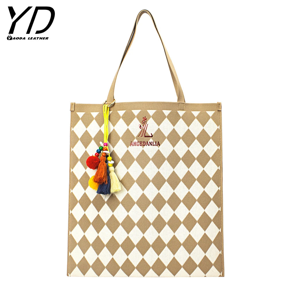 Wholesale Classic Checkerboard Design Women Shoulder Bag Knit Shopper Bag