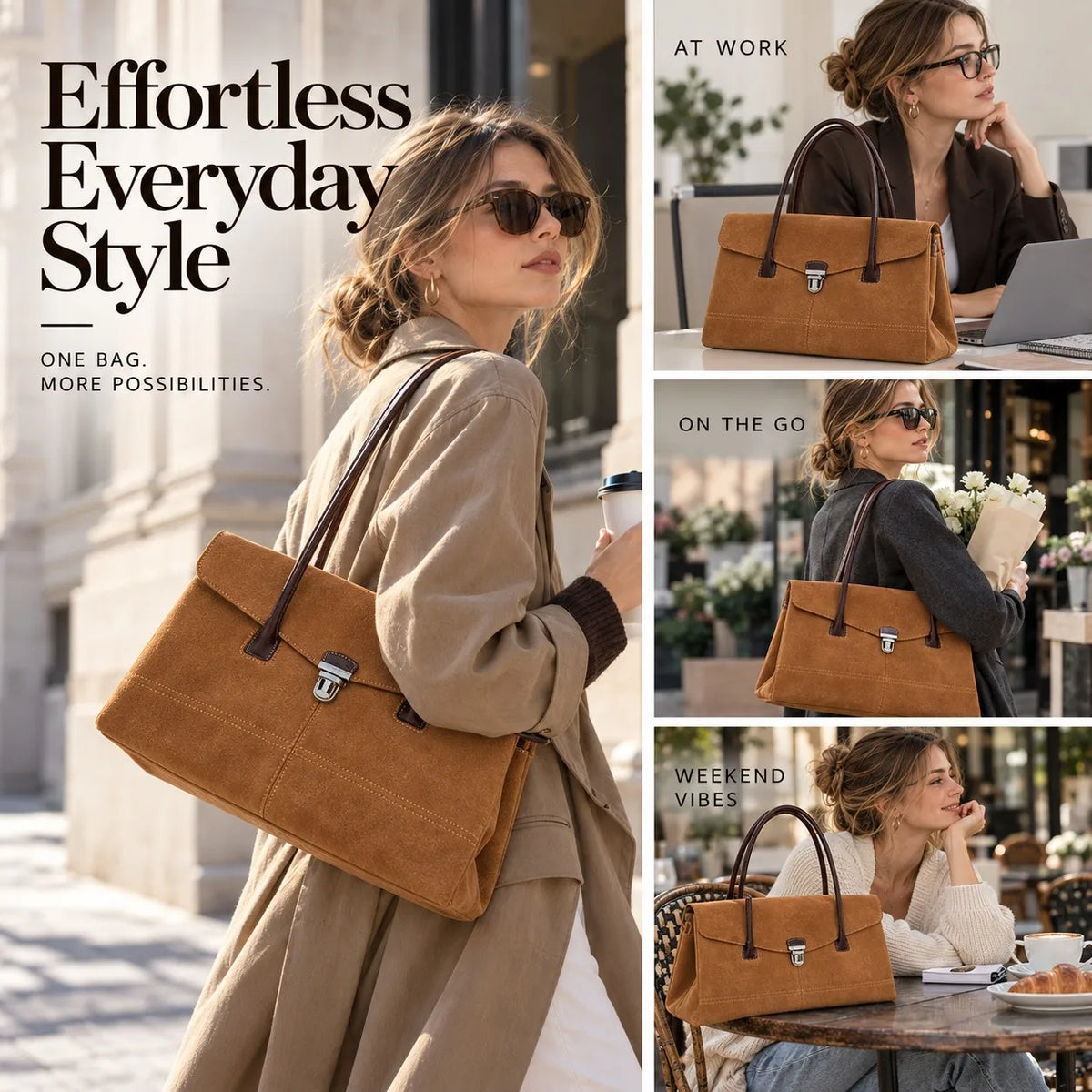 Wholesale Custom Logo Brown Suede Flap Large Capacity Tote Bag Shoulder Bag in Suede PU Leather for Women Work Travel